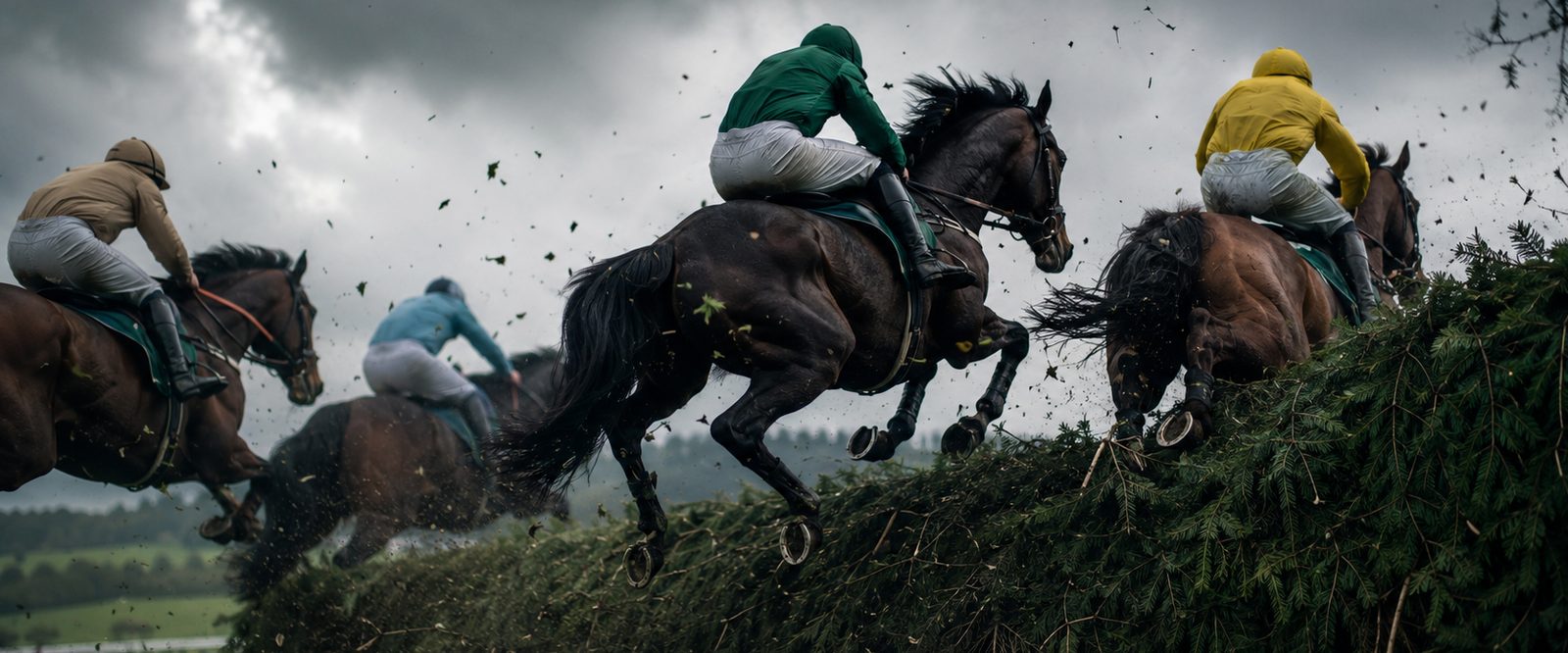 Racehorses and jockeys clearing a fence at the Grand National, Aintree